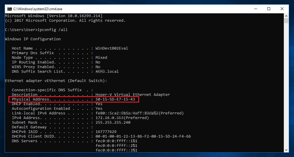 Esempio di un output del terminale dopo il comando “ipconfig /all”