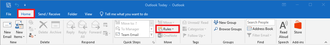 La lista di menu di Microsoft Outlook 2016 su Windows