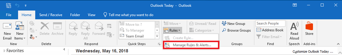 La barra di menu di Microsoft Outlook 2016: il menu a discesa “Regole”
