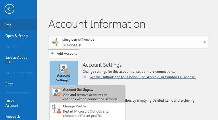 Informazioni account in Outlook 2016