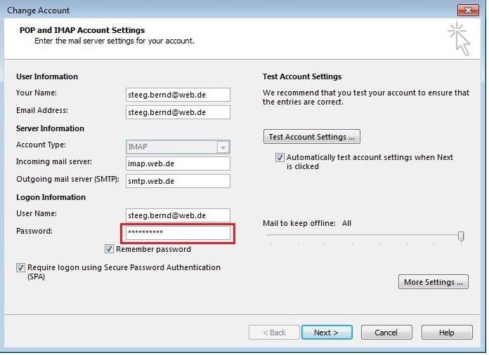 Impostazioni del server e di accesso per un account di posta elettronica selezionato in Outlook 2016