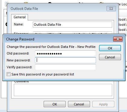 File di dati di Outlook: menu per il cambio di password