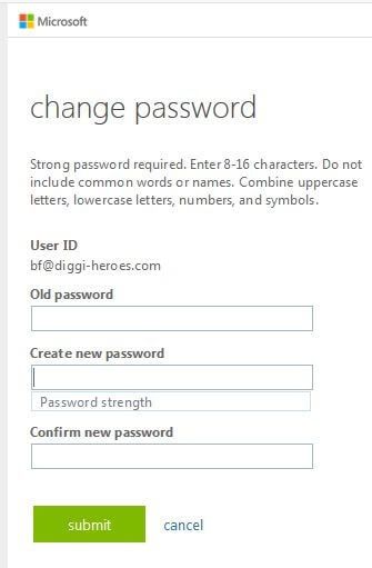 Menu per la modifica della password nell’Outlook Web App di Microsoft