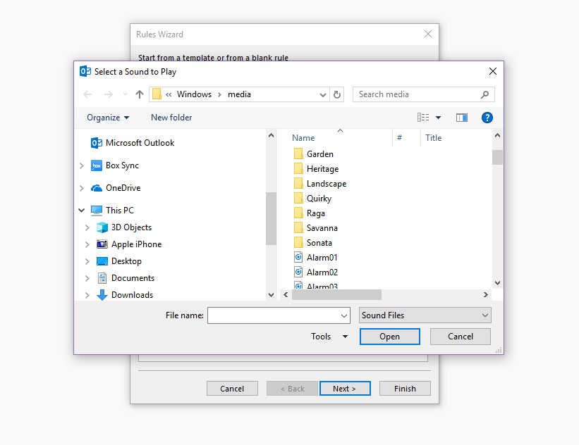 Assistente Pianificazione di Outlook: selezione del file audio