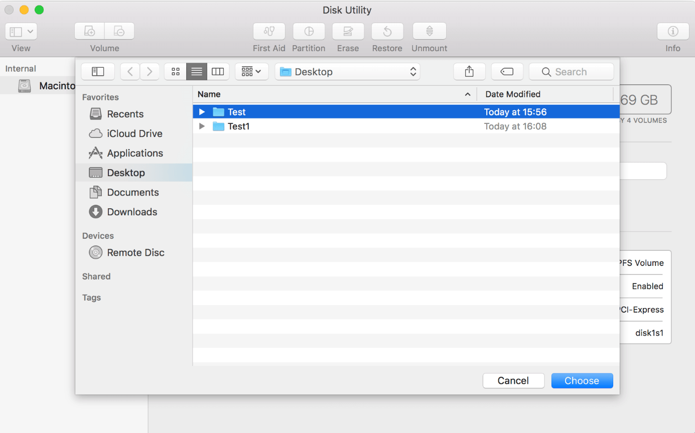 Utility Disco di macOS: selezione cartella dei file