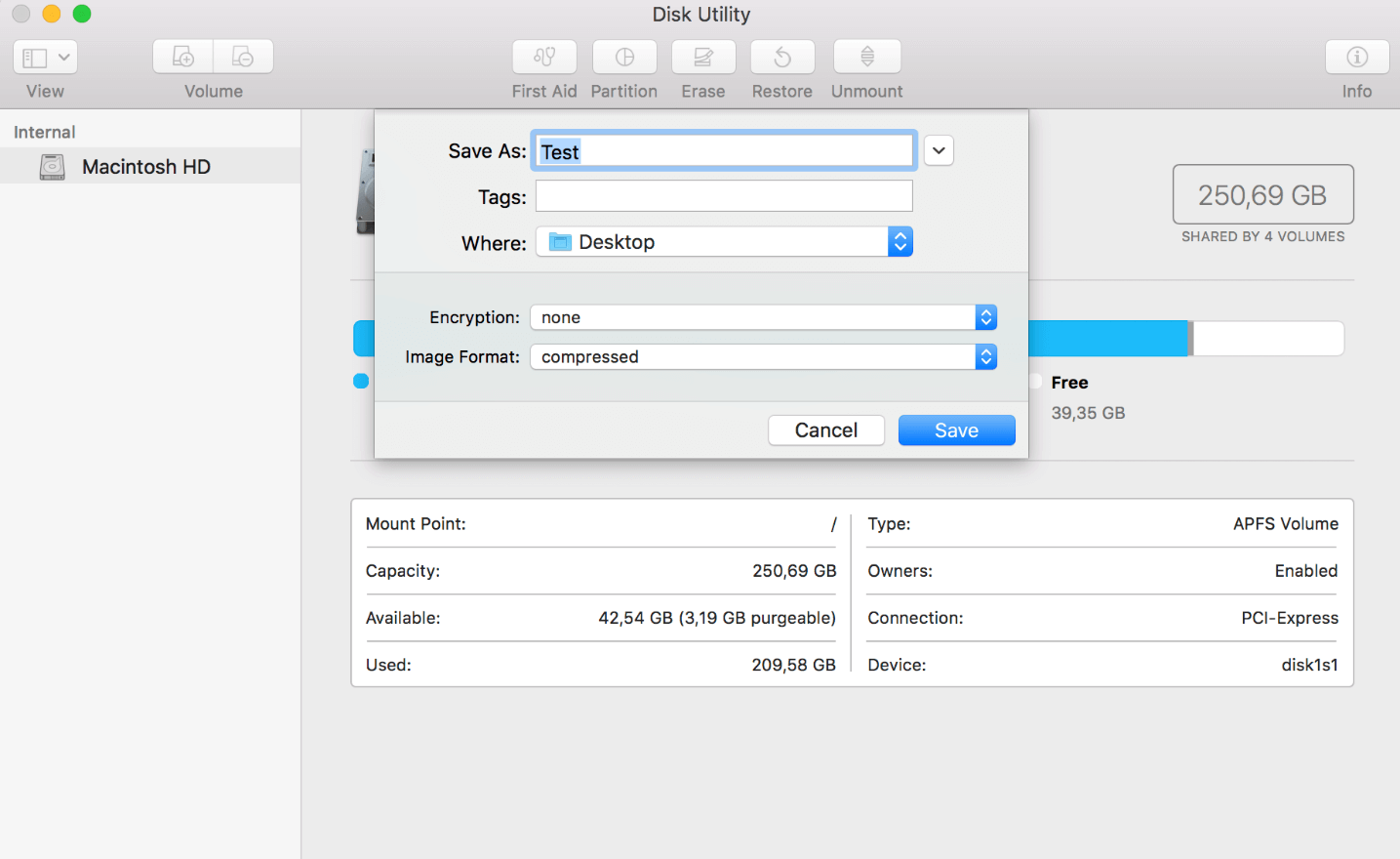 Utility Disco di macOS: nome file e posizione di archiviazione