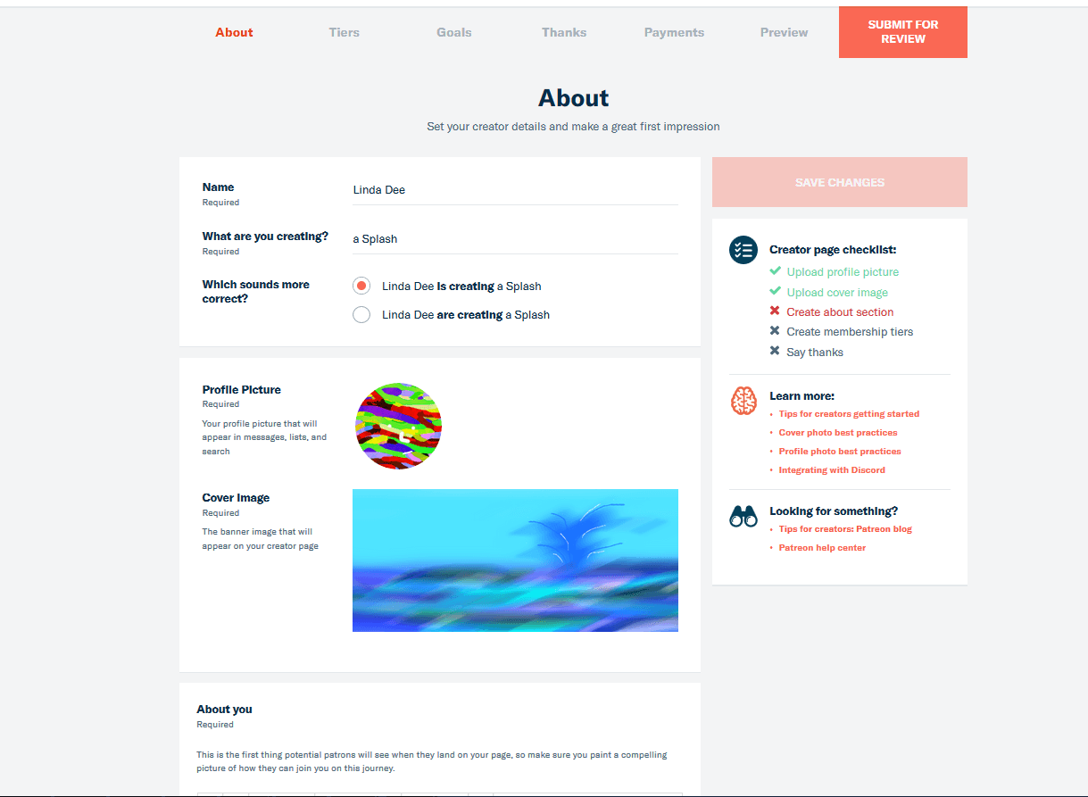 Backend della pagina About di Patreon con nome utente, obiettivo della donazione e immagine del profilo
