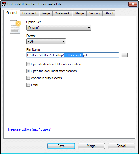Interfaccia utente di BullZip PDF Printer