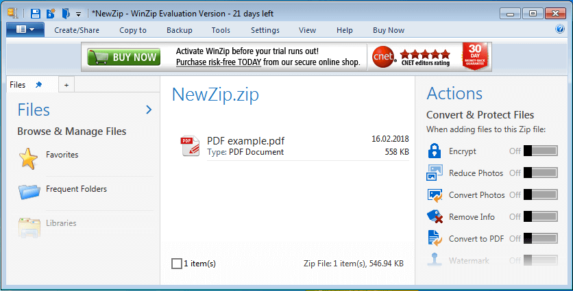 Finestra del menu di WinZip dove si sceglie il file PDF da comprimere
