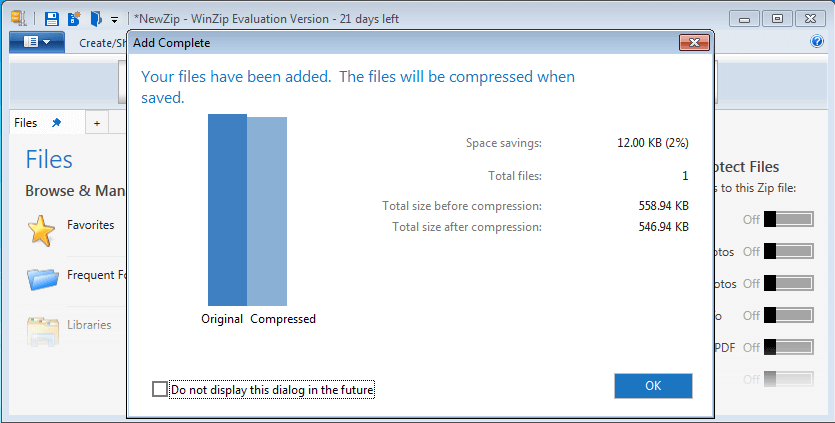 Finestra WinZip che rappresenta la dimensione del file prima e dopo la compressione