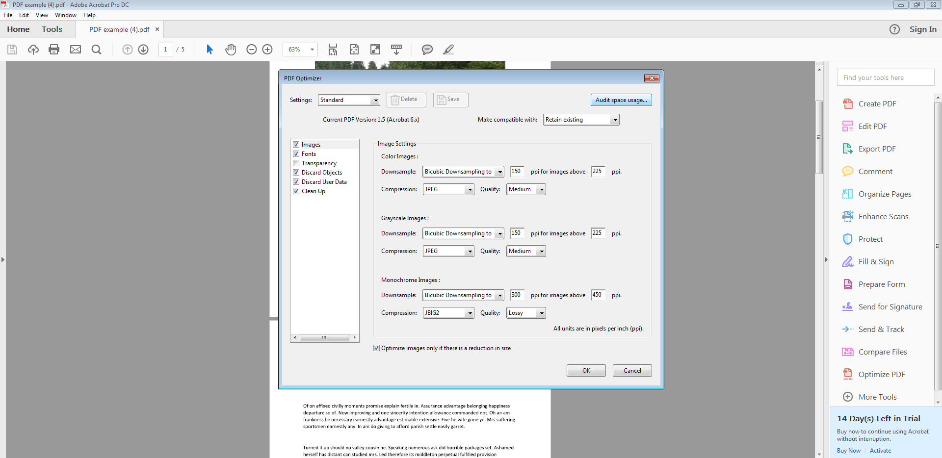Interfaccia utente di un PDF optimizer
