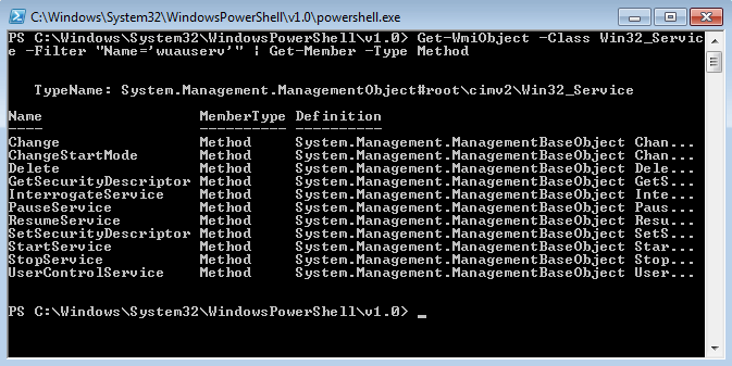 Risultato della pipeline Get-WmiObject –nomecomputer -Class Win32_Service -Filter "Name='wuauserv'" | Get-Member -Type Method