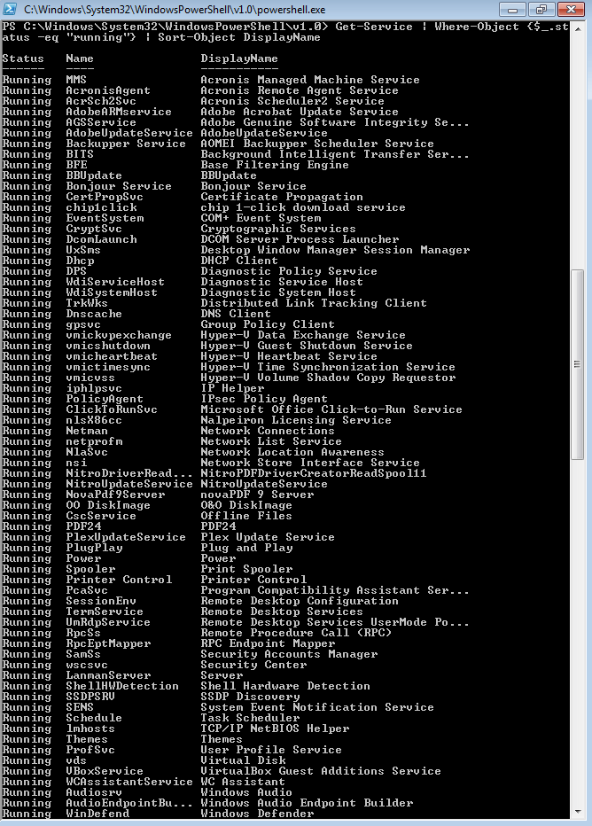 Risultati della pipeline Get-Service| Where-Object {$_.status –eq "running"} | Sort-Object DisplayName