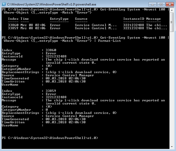 Risultati della pipeline Get-EventLog System -Newest 100 | Where-Object {$_.entryType -Match "Error"} e Format-List