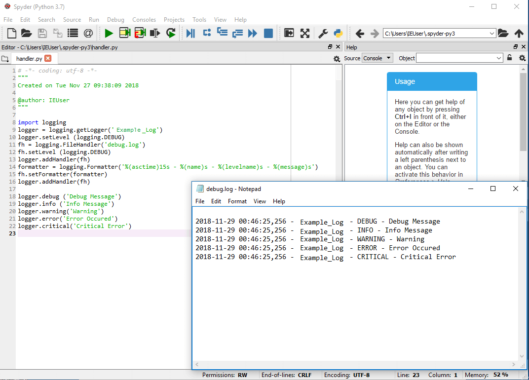 Python editor con metodi di logger e attributi di formato nonché l'output di testo