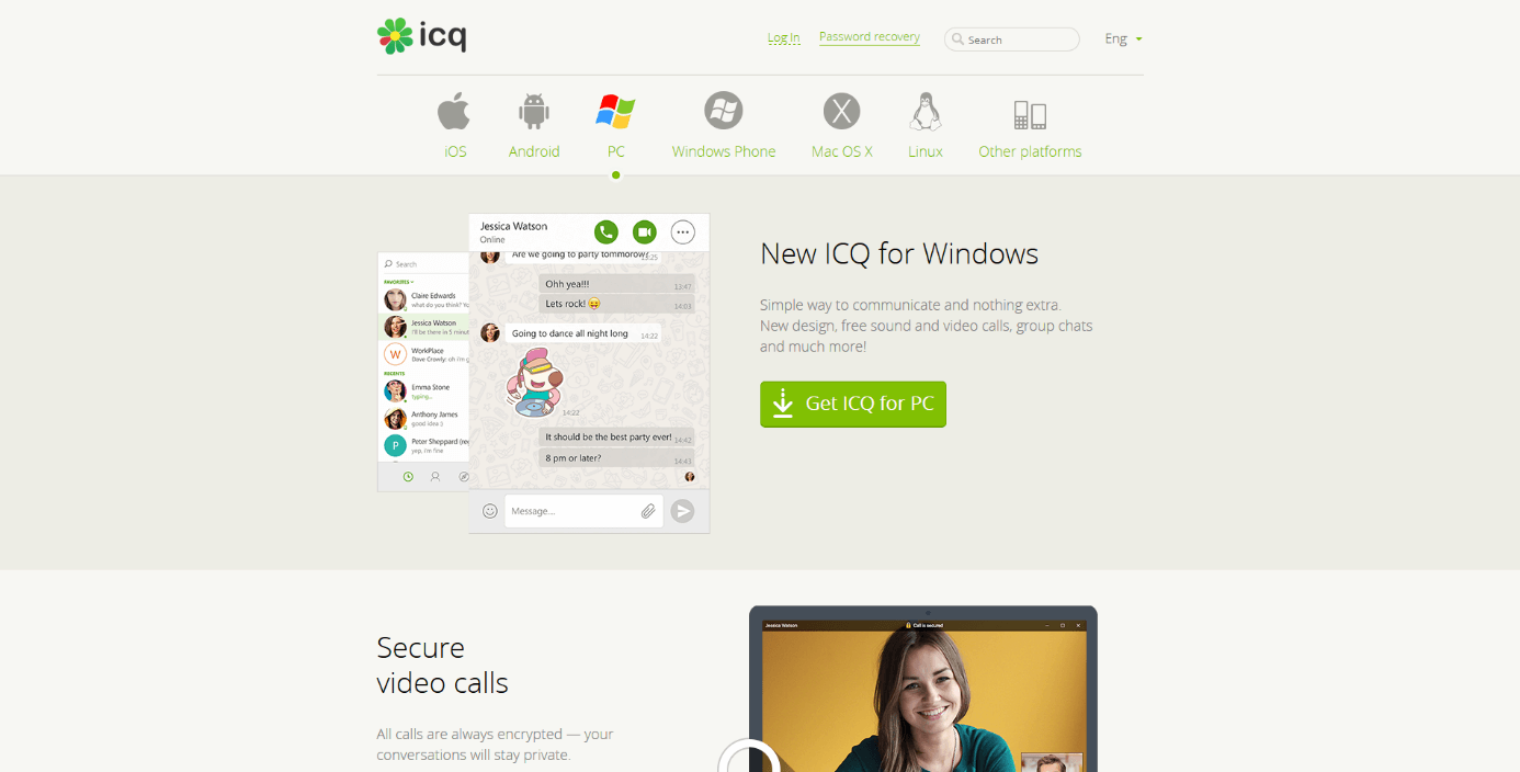 Screenshot della homepage ufficale del sito web di ICQ in lingua inglese