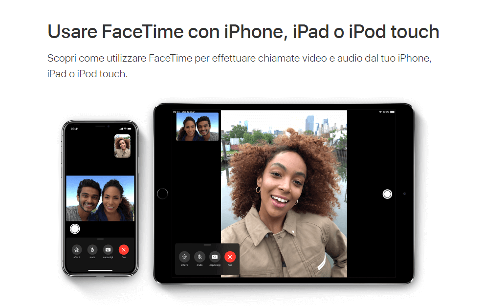 Screenshot della pagina ufficale di FaceTime del sito web Apple in lingua italiana
