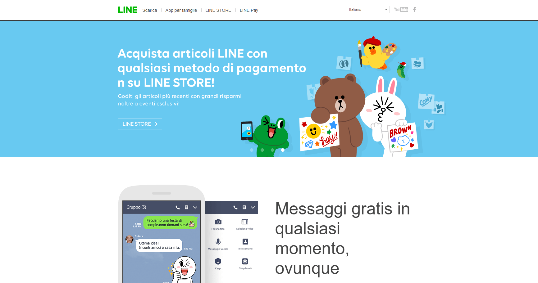 Homepage in italiano del sito web di Line