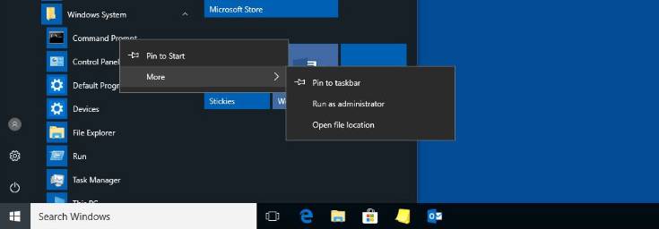 Windows 10: Icona "Command Prompt" nel menu Start