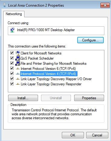 Windows 7 collegamento LAN: voce IPv4 nel menu “Proprietà”