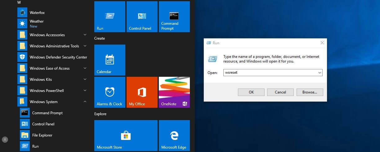 Windows 10: avvio di wsreset tramite "Esegui"]