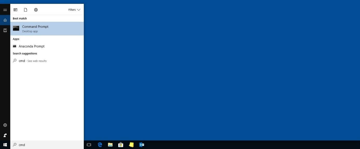 Windows 10: risultato di ricerca di “cmd”