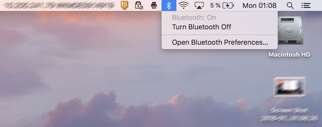 Simbolo Bluetooth nella barra dei menu in macOS