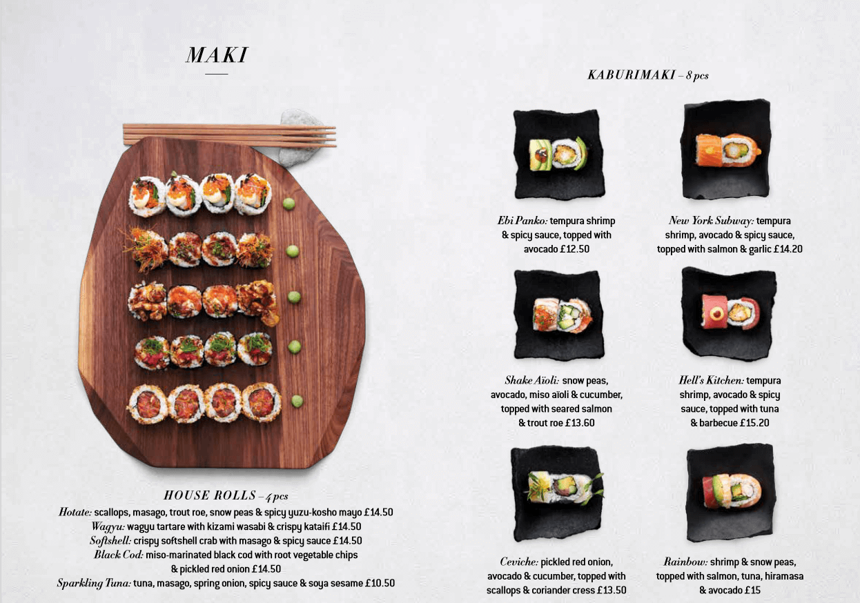 Un menu di sushi con foto delle corrispettive preparazioni