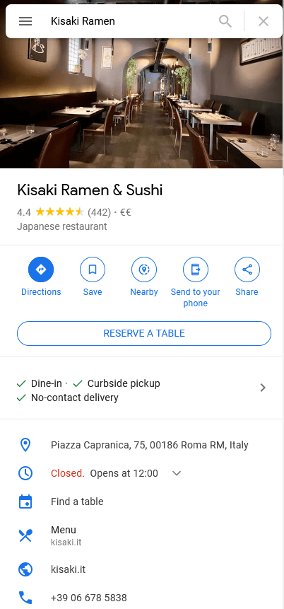 Profilo aziendale di un ristorante giapponese su Google MyBusiness
