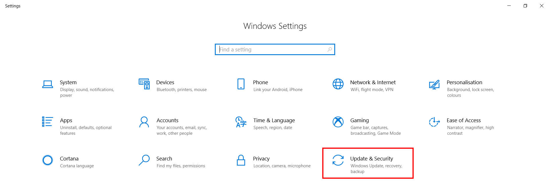 Sezione “Aggiornamento e sicurezza” nelle impostazioni di Windows