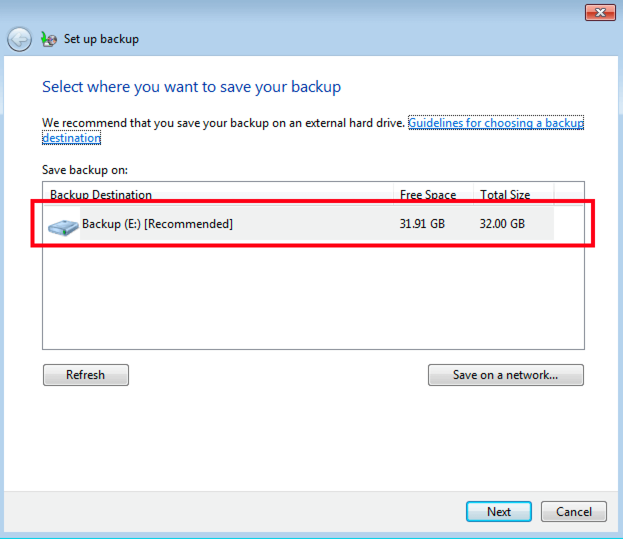 Scelta della destinazione del backup in Windows 7