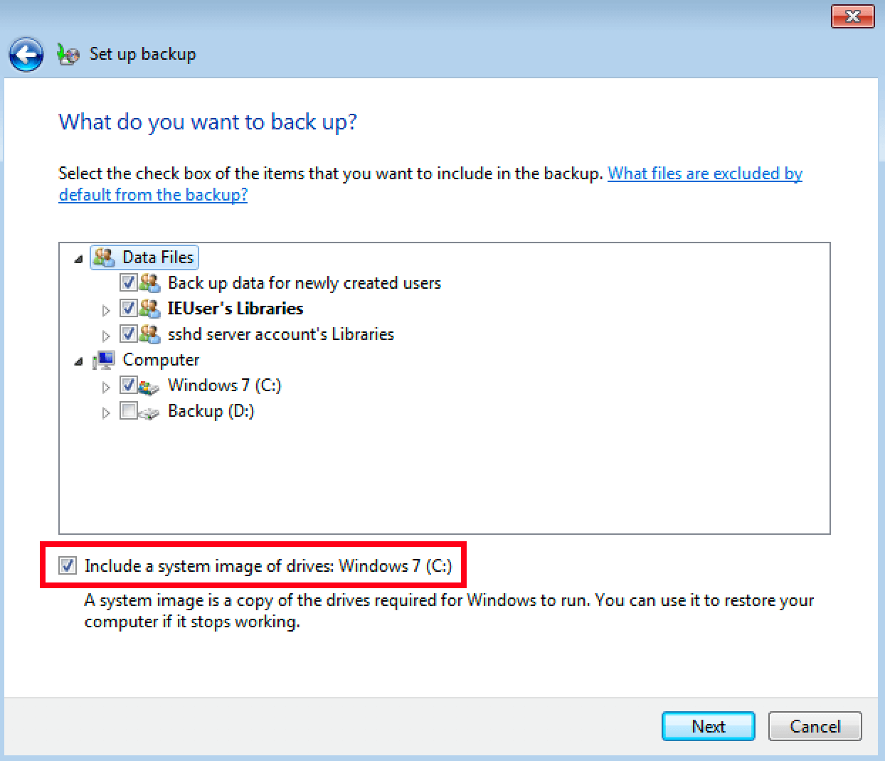 Selezione manuale delle directory per un backup in Windows 7
