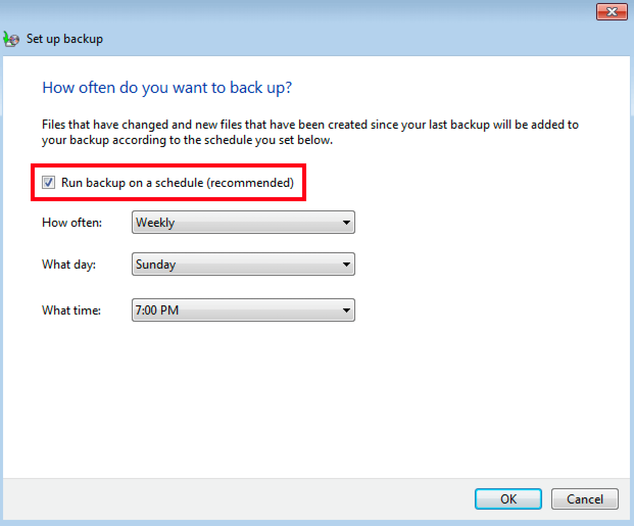 Menu di pianificazione del backup in Windows 7