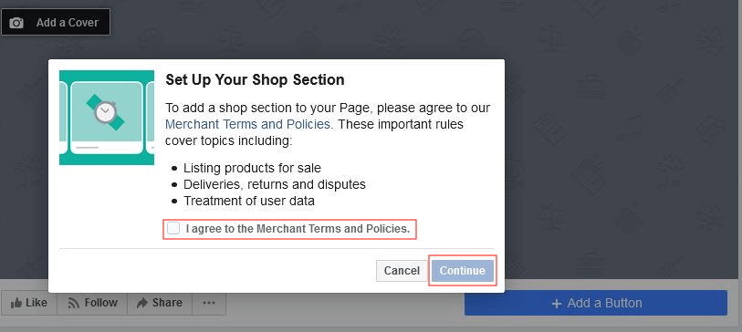 Configurazione del Facebook shop: termini di utilizzo