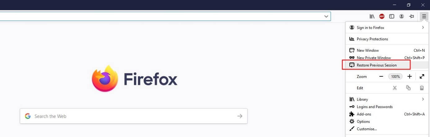 Menu di Firefox: pulsante “Ripristina la sessione precedente”