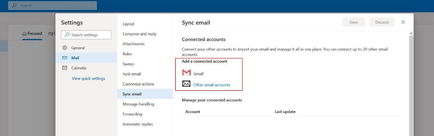Outlook sul web: menu “Sincronizzare posta elettronica”