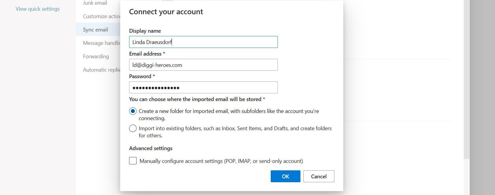 Finestra per il collegamento dell’account in Outlook sul web