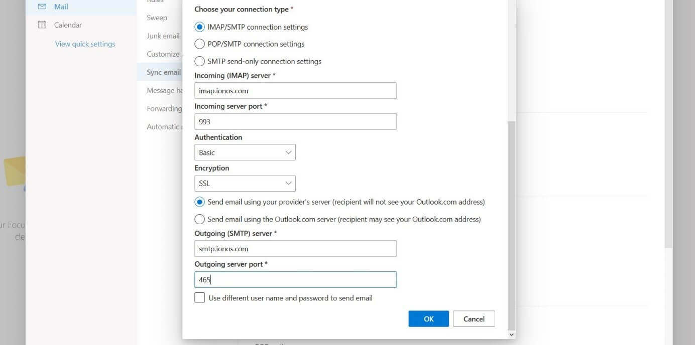 Finestra per l’aggiunta manuale di un account in Outlook sul web