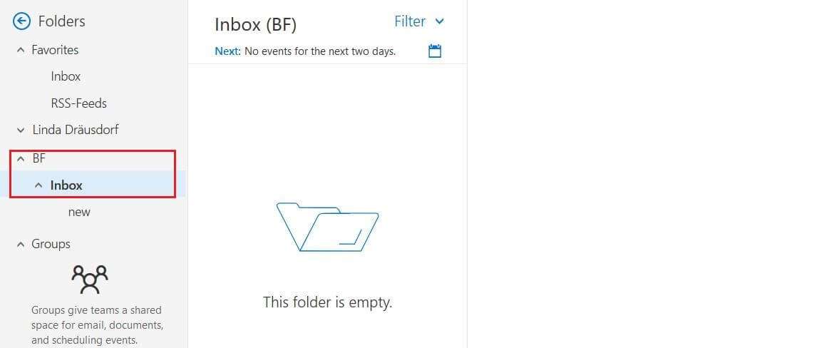 Outlook sul web: riquadro delle cartelle con la casella di posta elettronica condivisa