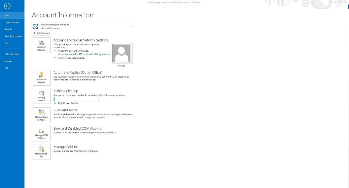 Menu “Informazioni account” in Outlook 2013