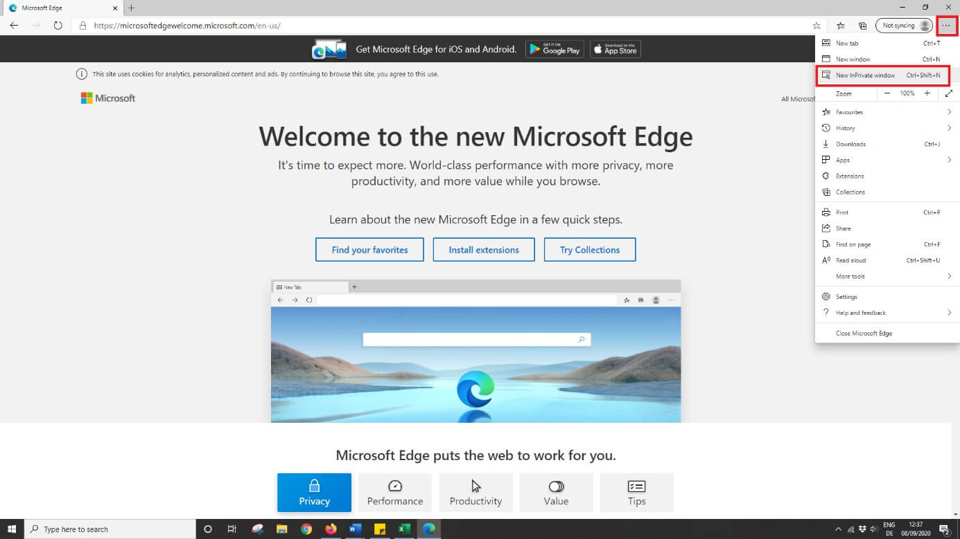 Aprire una nuova finestra InPrivate con Microsoft Edge