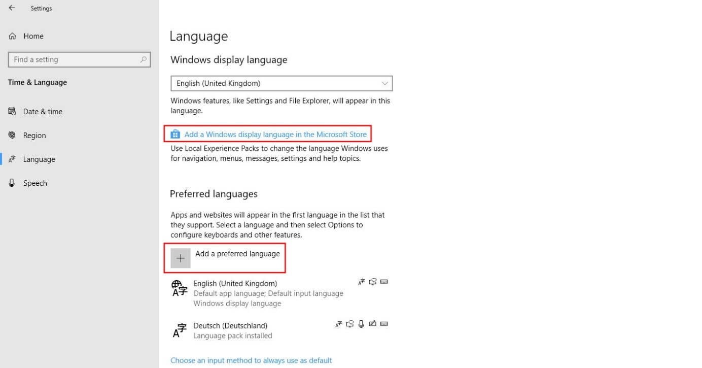 Windows 10: menu "Lingua"