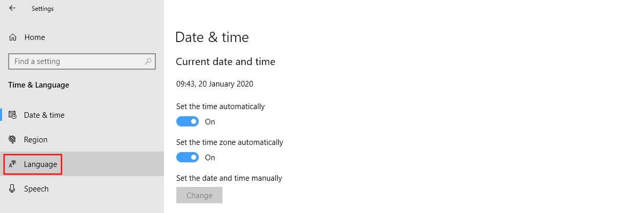 Menu "Data/ora e lingua" in Windows 10