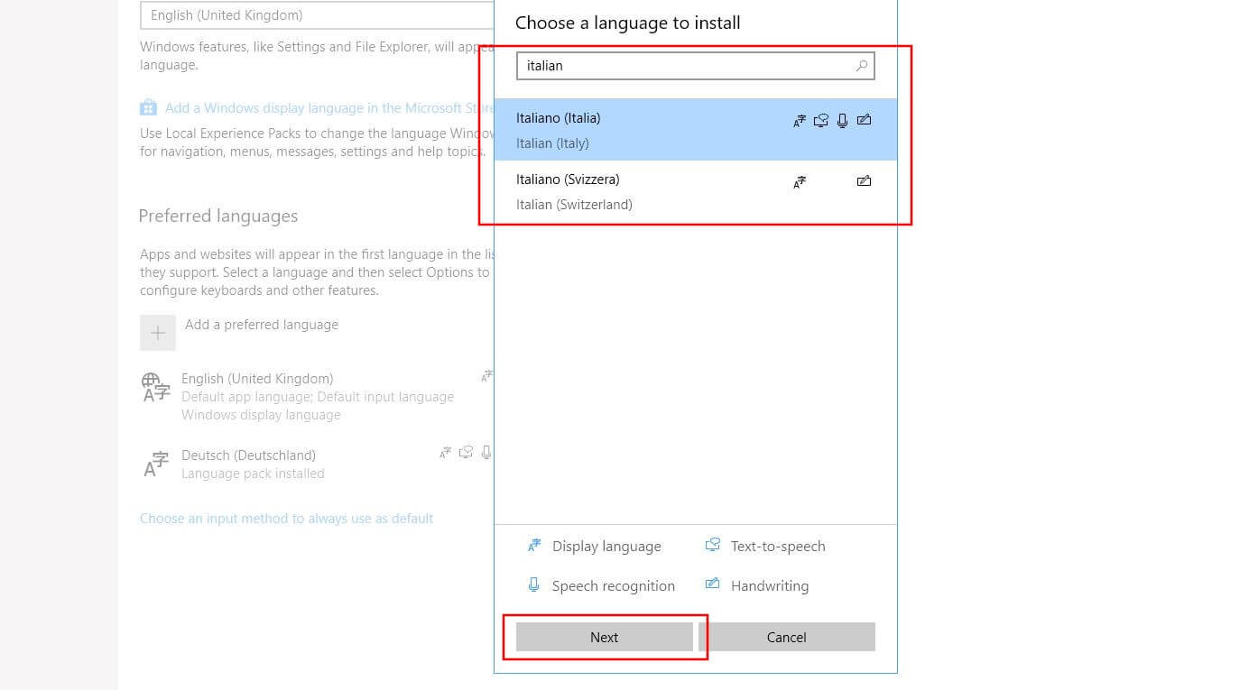 Windows 10: finestra di dialogo "Scegli la lingua da installare"