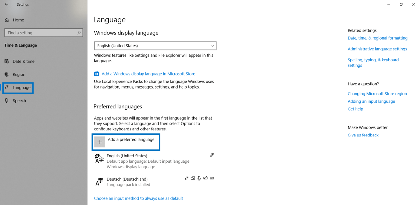 Impostazioni di Windows per le opzioni della lingua