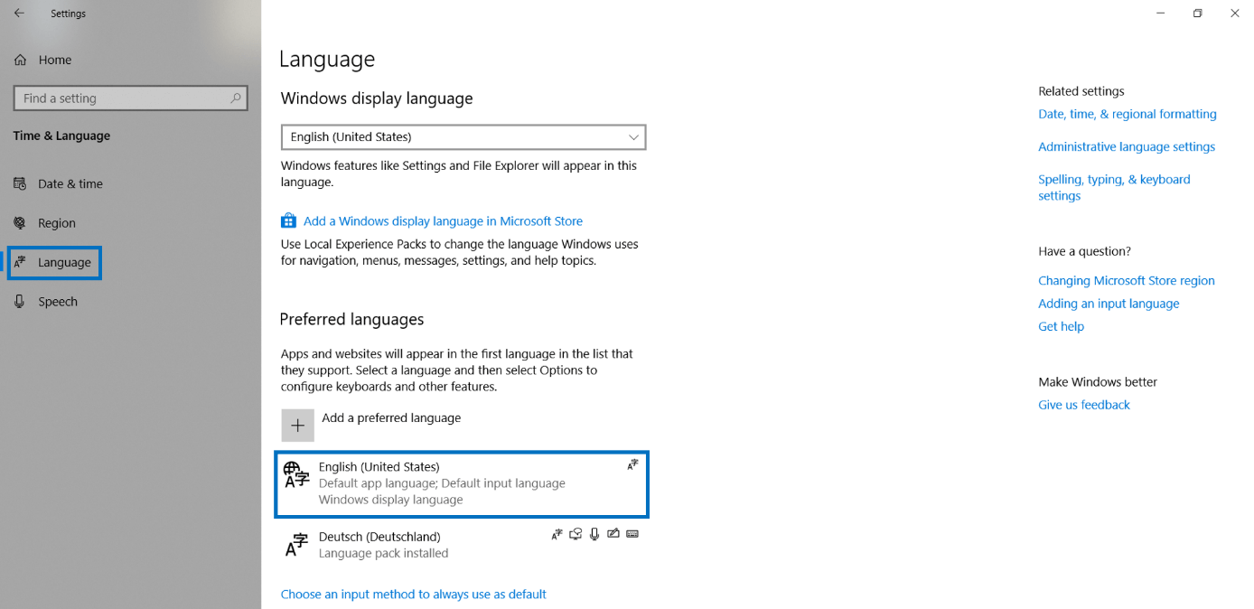 Impostazioni della Lingua in Windows 10