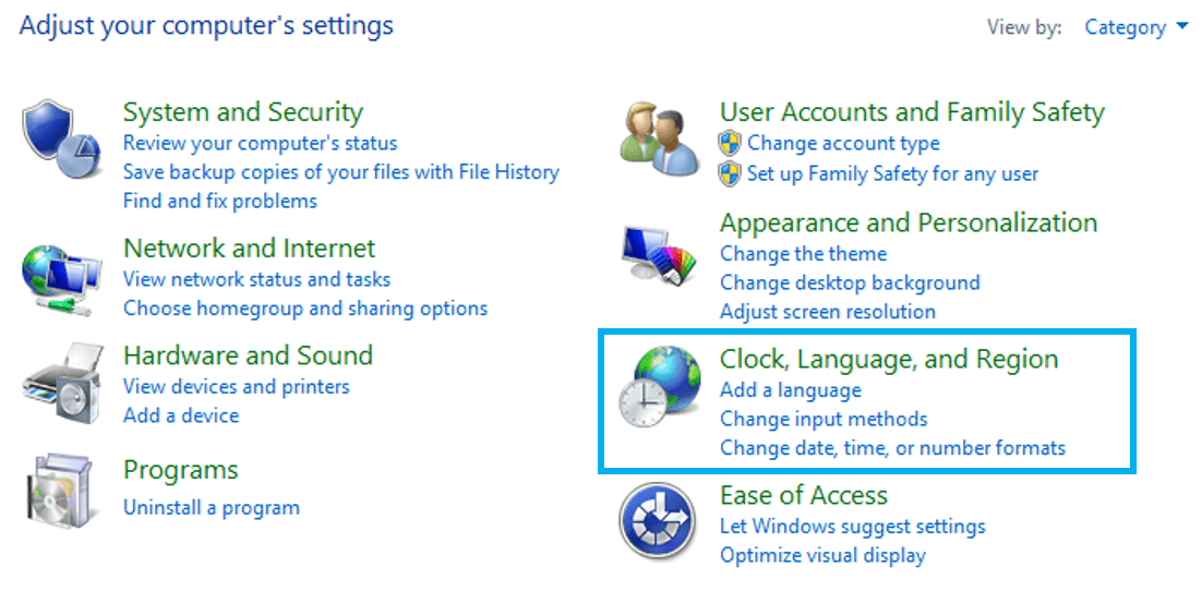 Rubrica “Data/ora, lingua e area geografica” nel pannello di controllo di Windows 8