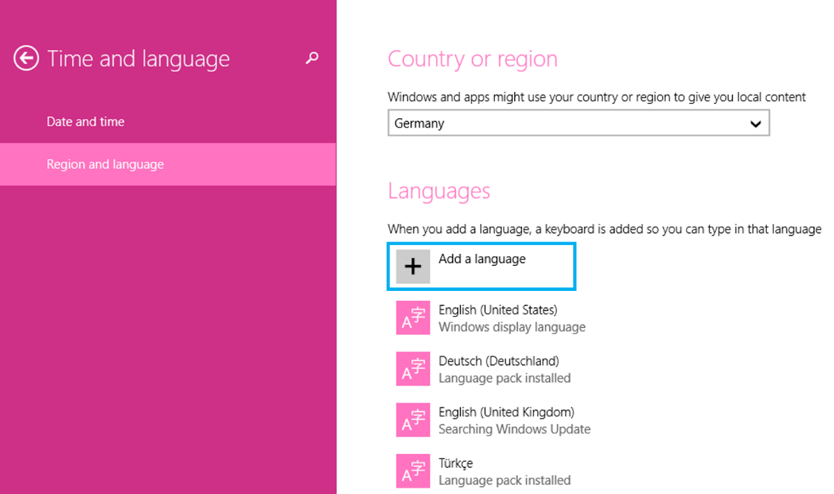 Impostazioni per “Area geografica e lingua” di Windows 8