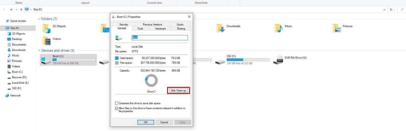 Windows 10: proprietà del disco rigido