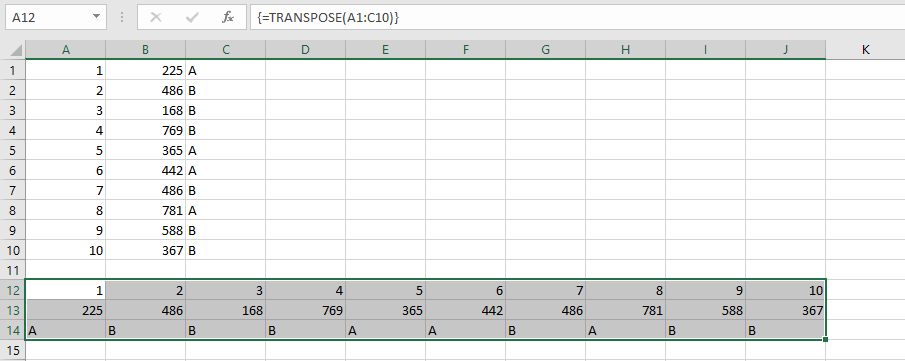 Rappresentazione di come effettuare una trasposizione in Excel con la funzione MATR.TRASPOSTA